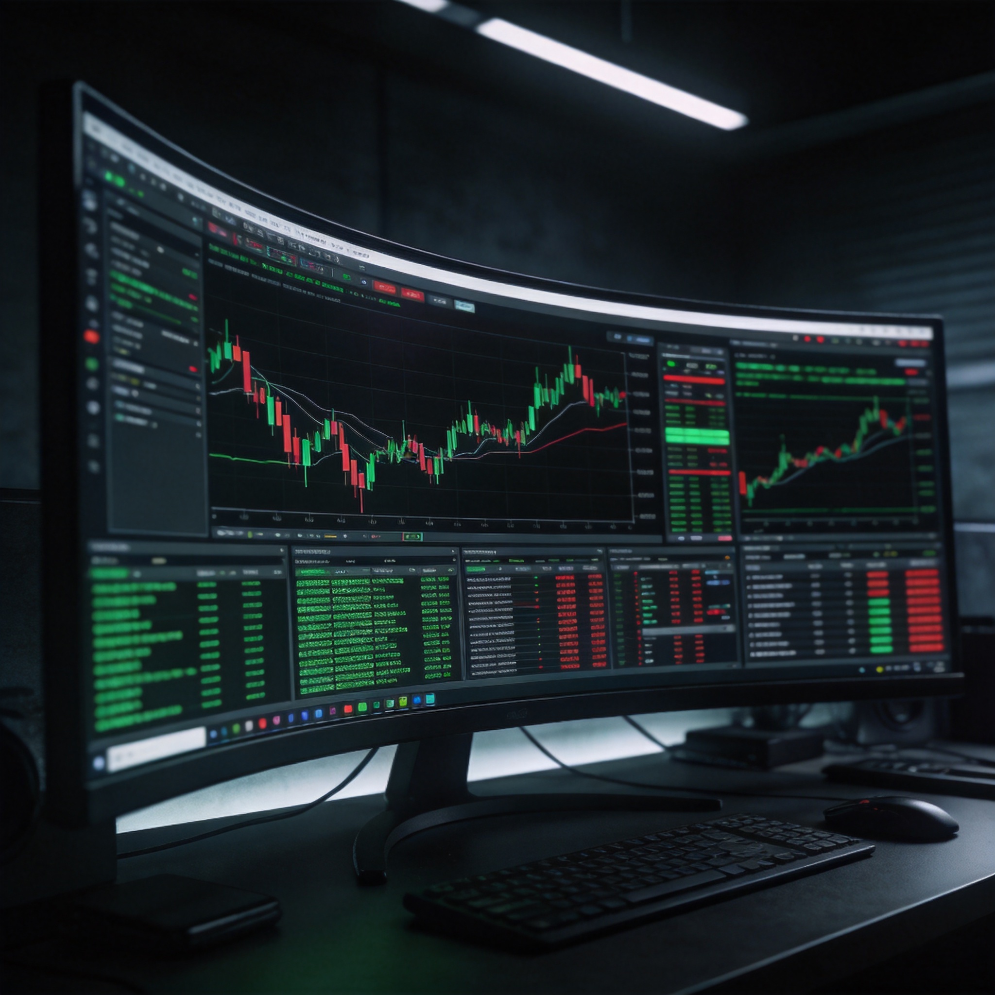 Professional trading workstation with multiple charts and analytics